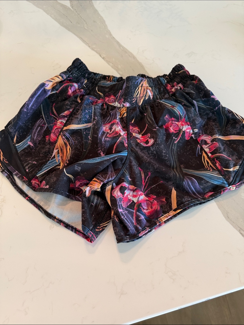 lululemon athletica Black Floral Print Running Shorts with Pink and Gold Accents
